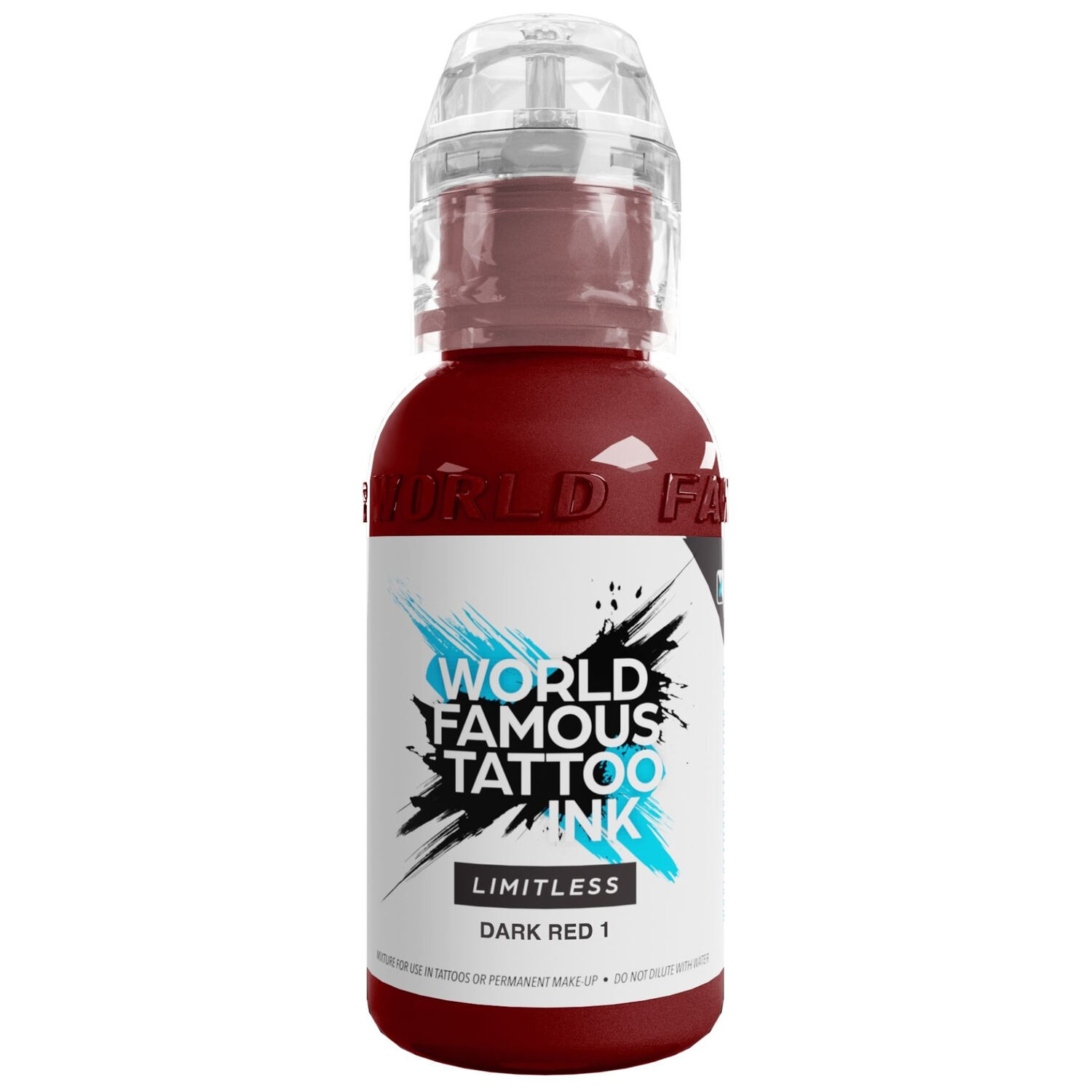 World Famous Ink Dark Red 1 Tattoofarbe Rote Tattoofarbe World Famous Ink in 30 ml Flasche auf weißem Hintergrund