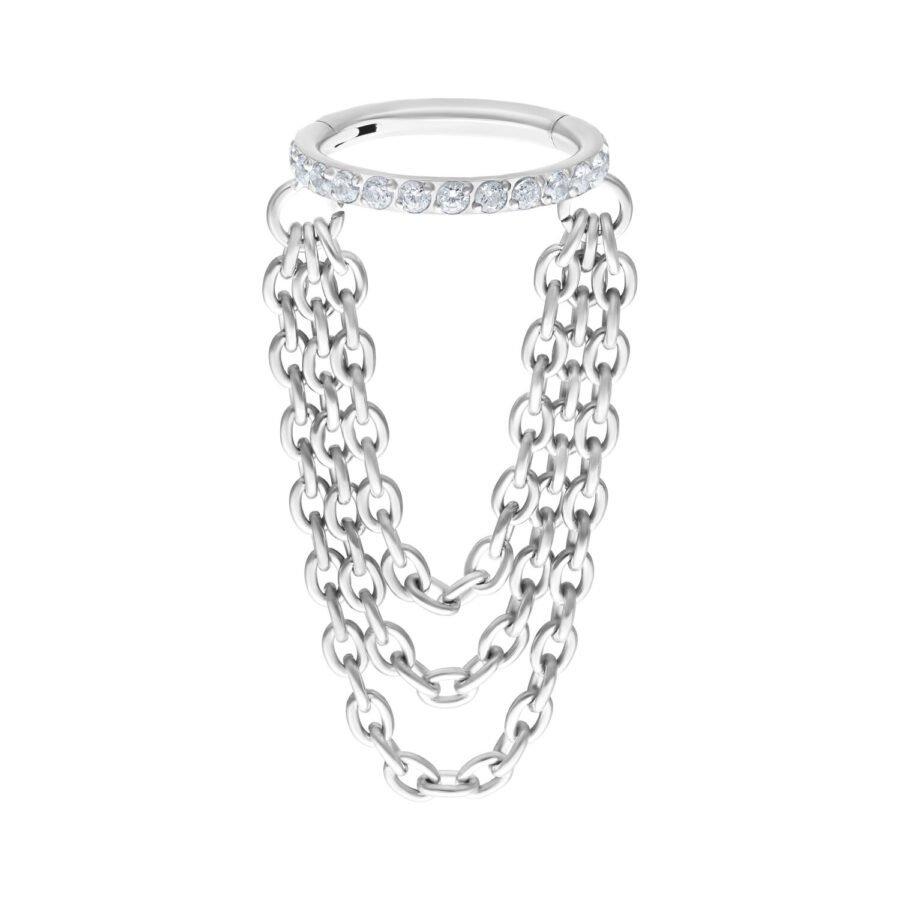 Weißgoldener Triple Chain Clicker mit Kristallen auf weißem Hintergrund