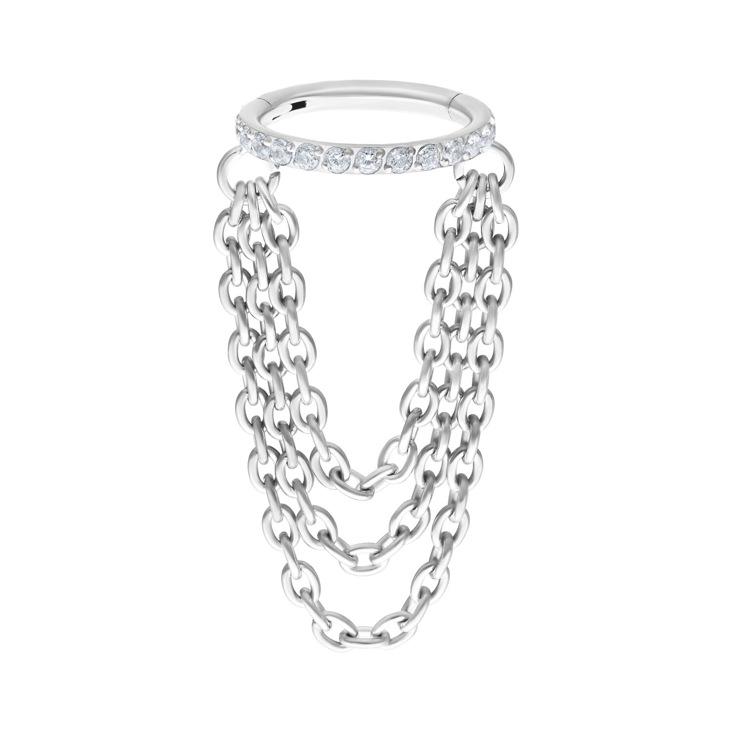 Weißgoldener Triple Chain Clicker mit Kristallen auf weißem Hintergrund
