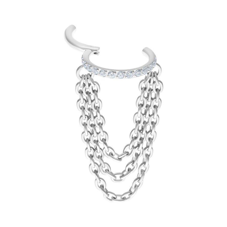 Silberner Triple Chain Clicker mit Kristallen auf weißem Hintergrund