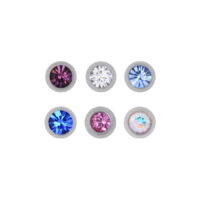 Titan Highline Piercingaufsatz mit Kristallen Sechs Titan-Piercingaufsätze mit klaren, blauen, rosa und bunten Kristallen auf weißem Hintergrund