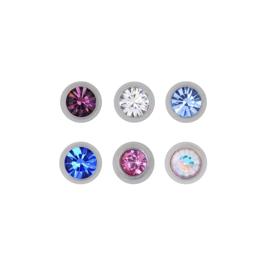 Titan Highline Piercingaufsatz mit Kristallen Sechs Titan-Piercingaufsätze mit klaren, blauen, rosa und bunten Kristallen auf weißem Hintergrund