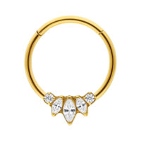 Goldener Sunburst Clicker mit Zirkonia Goldener Titan Clicker Ring mit fünf klaren Zirkonia auf weißem Hintergrund