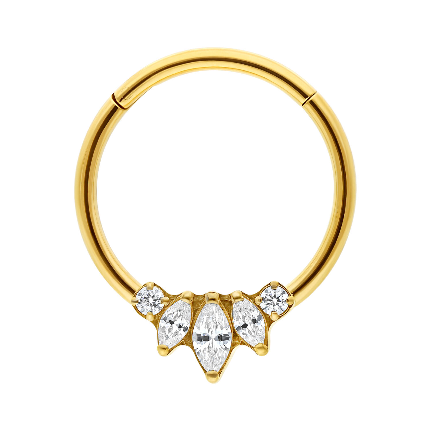 Goldener Sunburst Clicker mit Zirkonia Goldener Titan Clicker Ring mit fünf klaren Zirkonia auf weißem Hintergrund