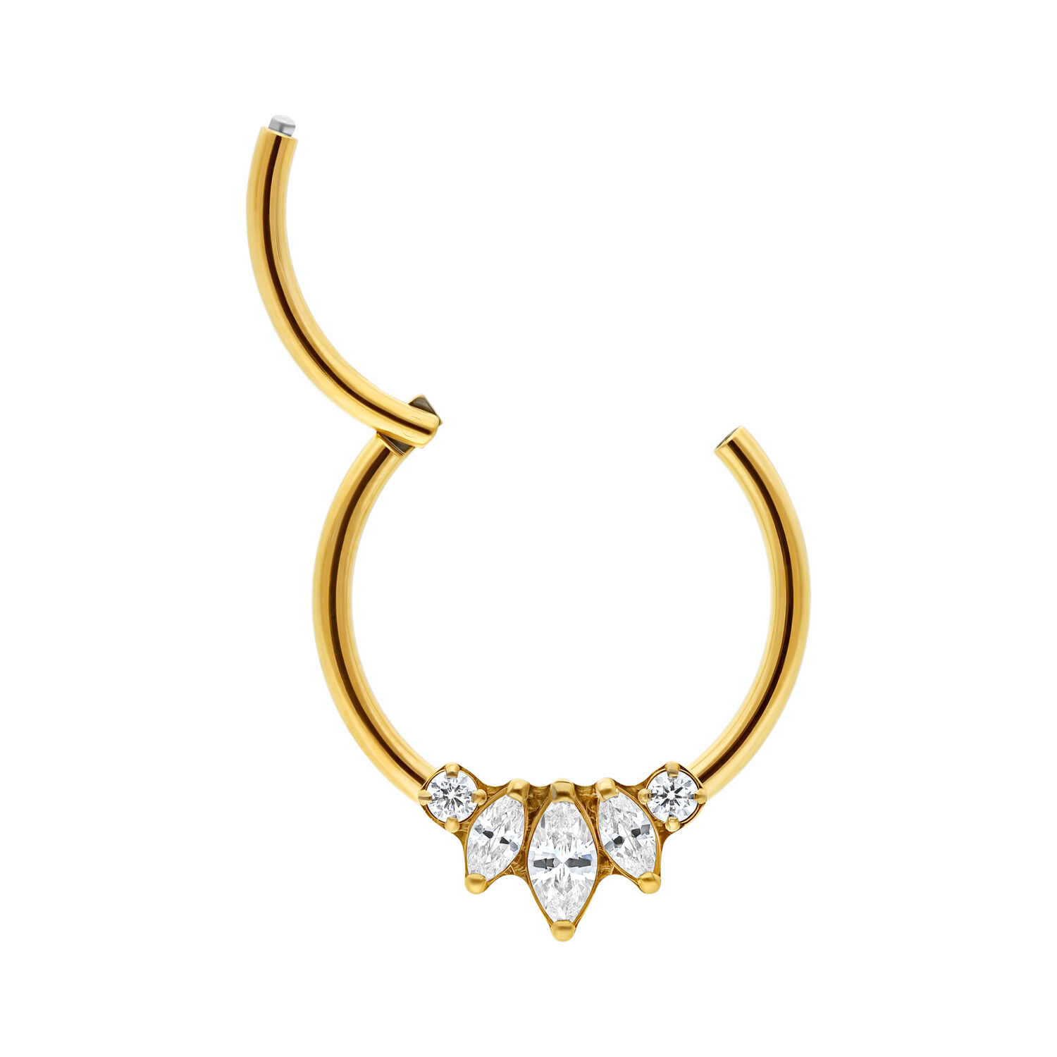 Goldener Sunburst Clicker mit Zirkonia Goldener Titan Clicker mit fünf klaren Zirkonia auf weißem Hintergrund