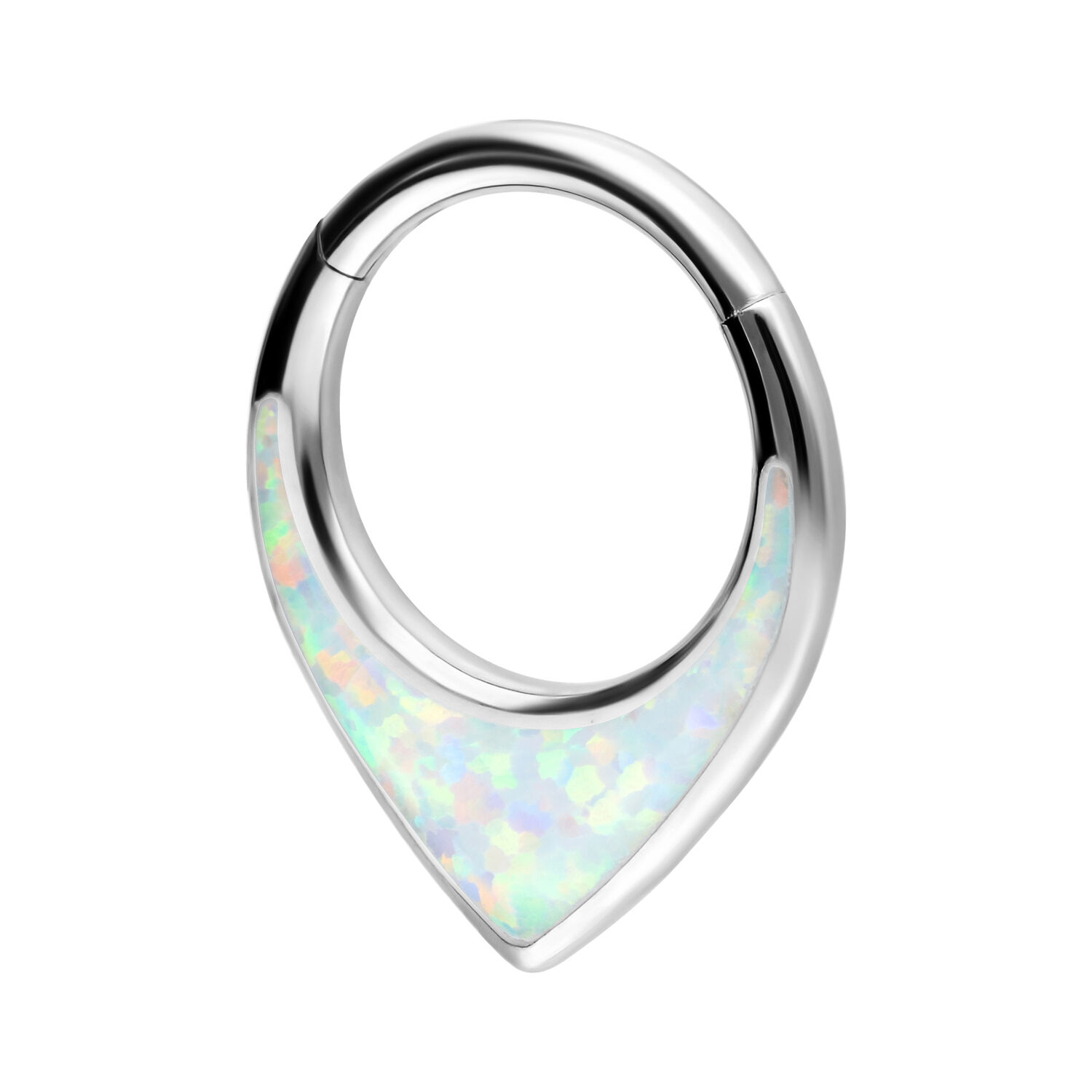 Silberner Septum Clicker aus Titan mit opalisierenden Kristallen auf weißem Hintergrund