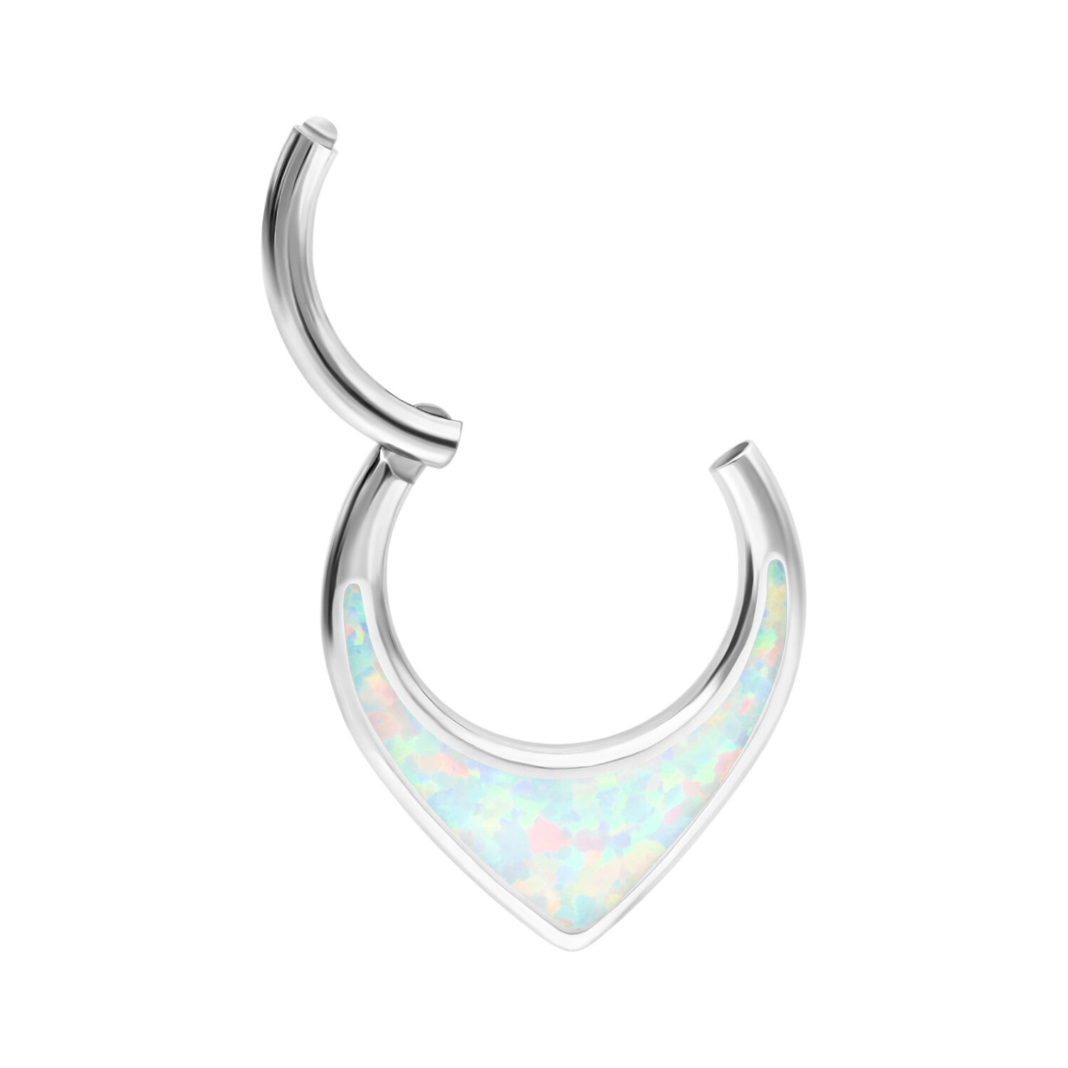 Silberner Septum Clicker mit weißem synthetischem Opal auf weißem Hintergrund