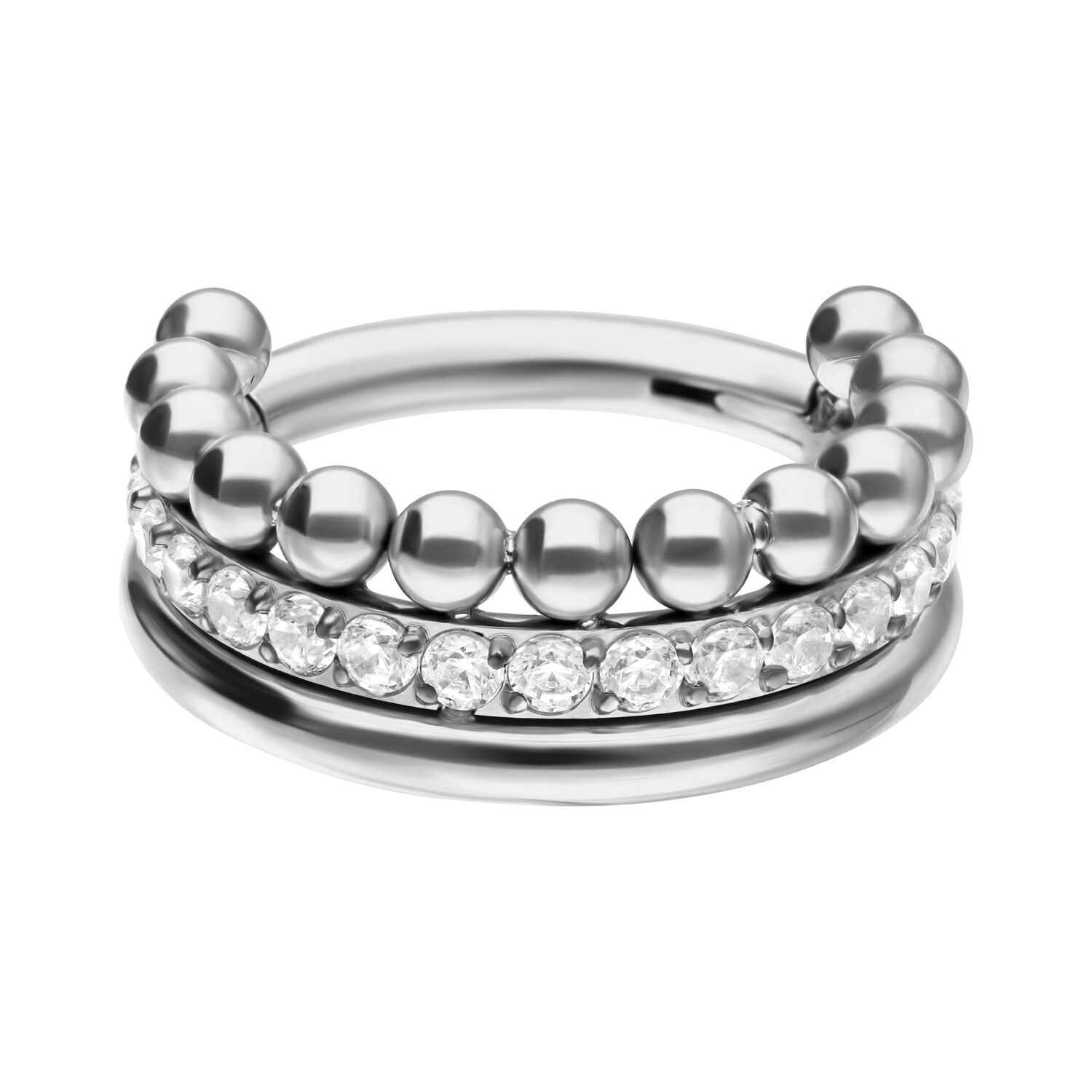 Triple Bubble Kristall Clicker in Silber Silberner Piercing-Clicker mit Kristallen auf weißem Hintergrund