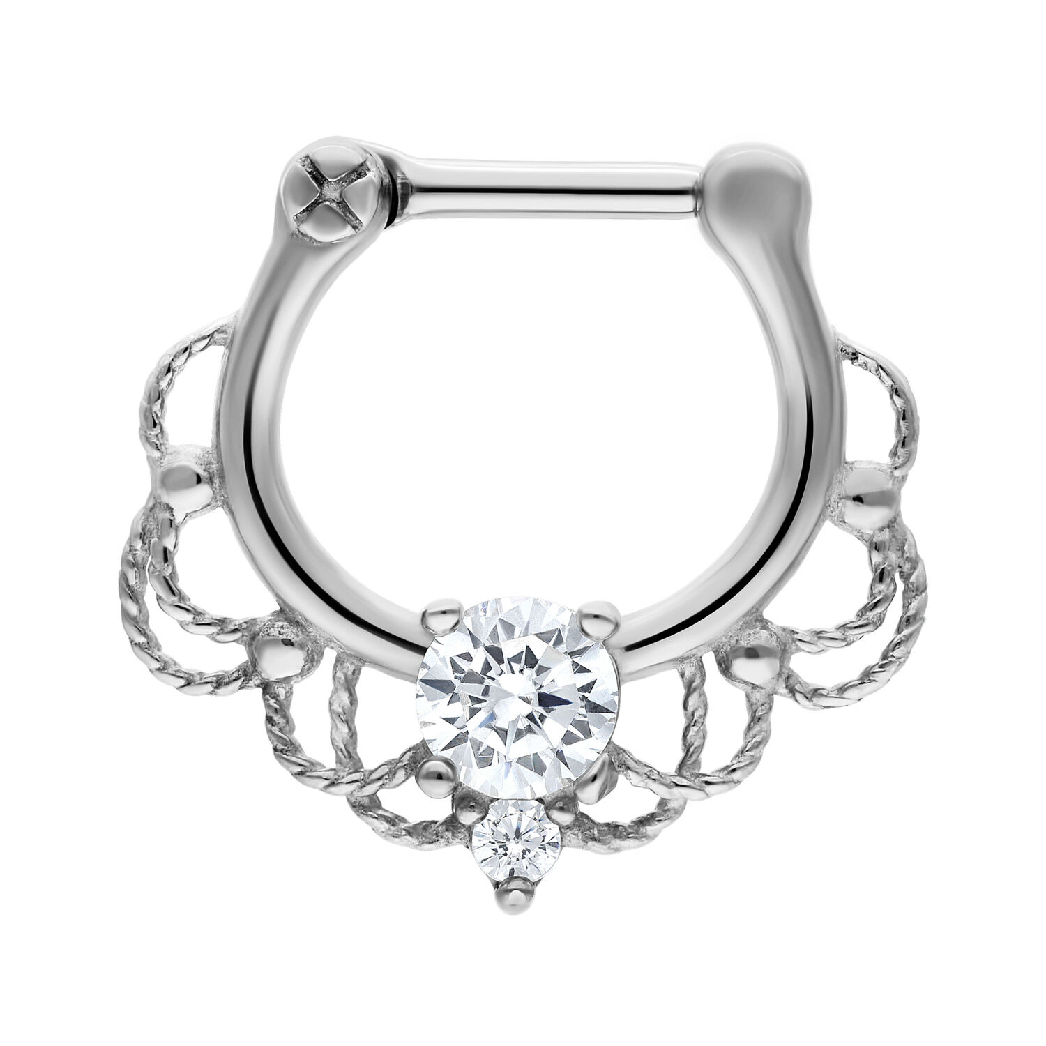 Silberner Fairytale Septum Clicker mit Kristall Silberner Septum Clicker aus Chirurgenstahl mit klarem Kristall vor weißem Hintergrund
