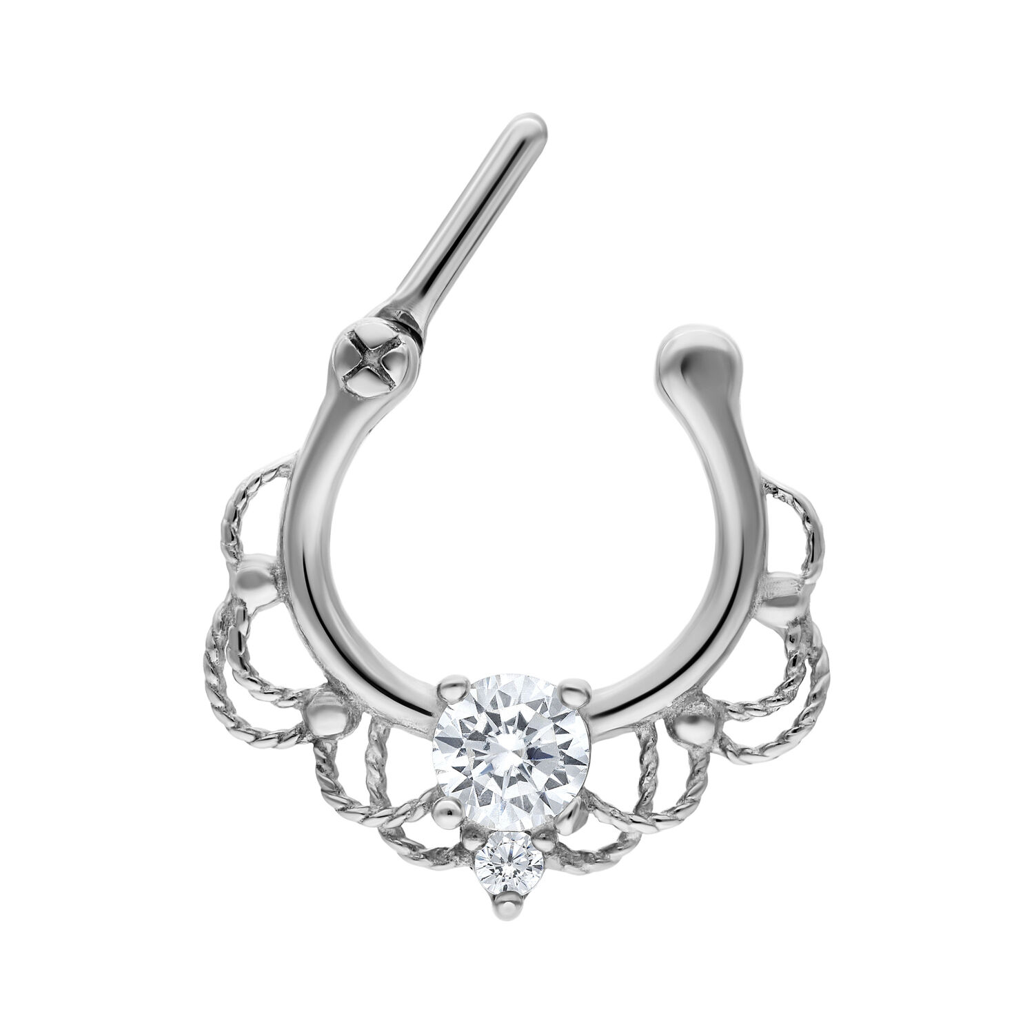 Silberner Fairytale Septum Clicker mit Kristall Silberner Septum Clicker mit klarem Kristall auf weißem Hintergrund