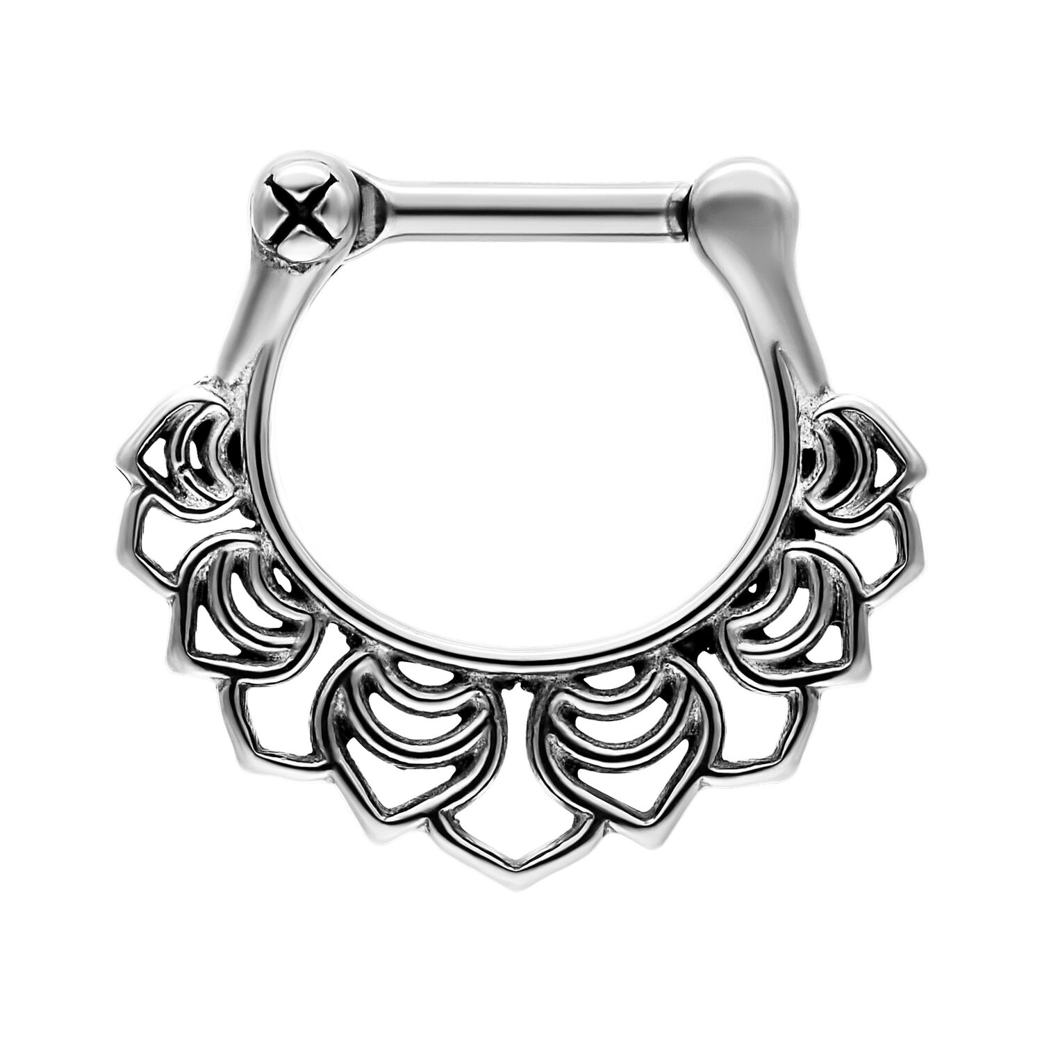 Silberner Floral Septum Clicker aus Stahl Silberner Septum Clicker mit floralem Design auf weißem Hintergrund