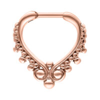 Roségoldener Septum Clicker aus Chirurgenstahl Roségoldener Septum Clicker mit Kugelverzierungen auf weißem Hintergrund