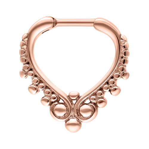 Roségoldener Septum Clicker mit Kugelverzierungen auf weißem Hintergrund