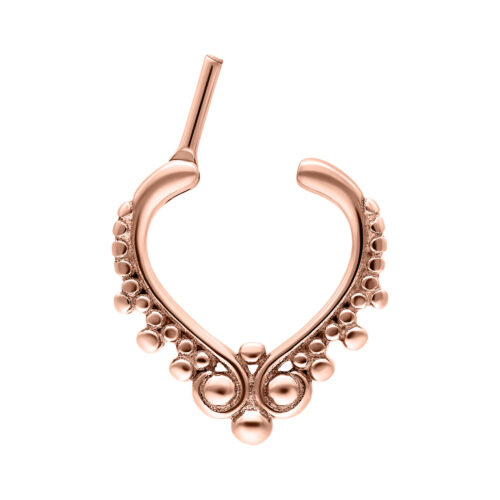 Roségoldener Septum Clicker mit Kugeln auf weißem Hintergrund