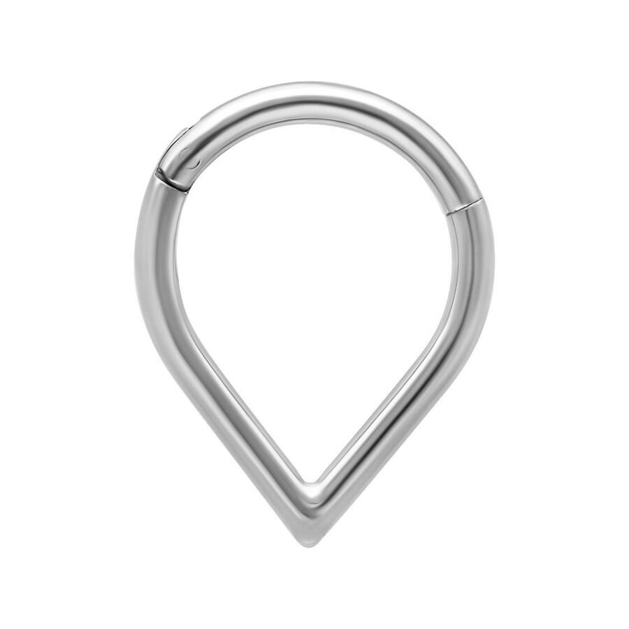 Teardrop Clicker in Silber, 1,2 mm Stärke Silberner Teardrop Clicker Piercing auf weißem Hintergrund