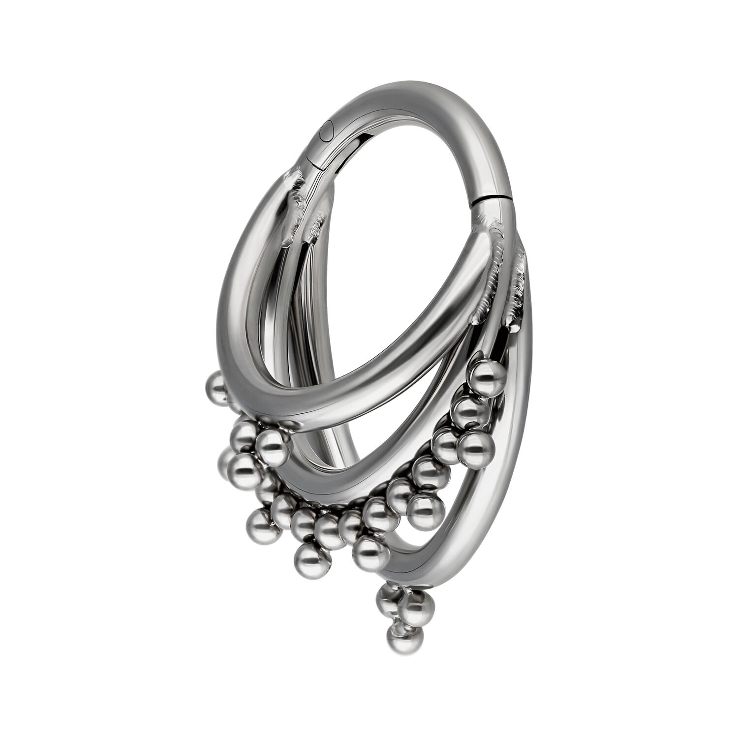 Silberfarbener Triple Oriental Clicker Piercingring Silberfarbener Piercingring mit drei geschwungenen Ringen und Kugeln auf weißem Hintergrund
