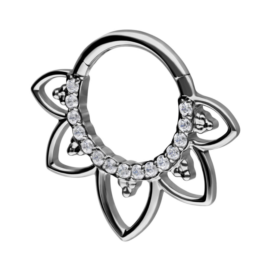 Silberner Septum Clicker aus Titan mit klaren Kristallsteinen