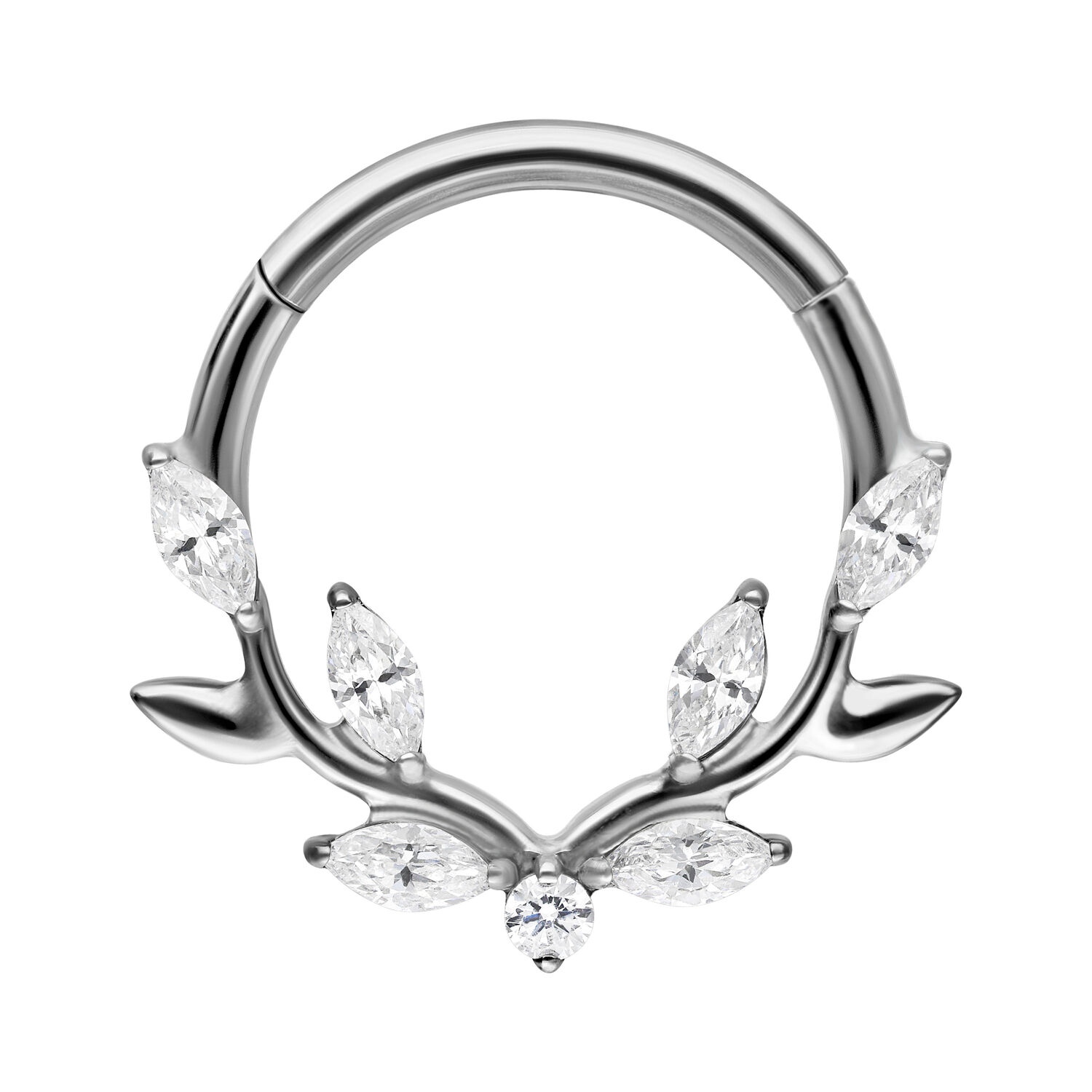 Silberner Septum Clicker mit Kristall-Blatt-Design auf weißem Hintergrund