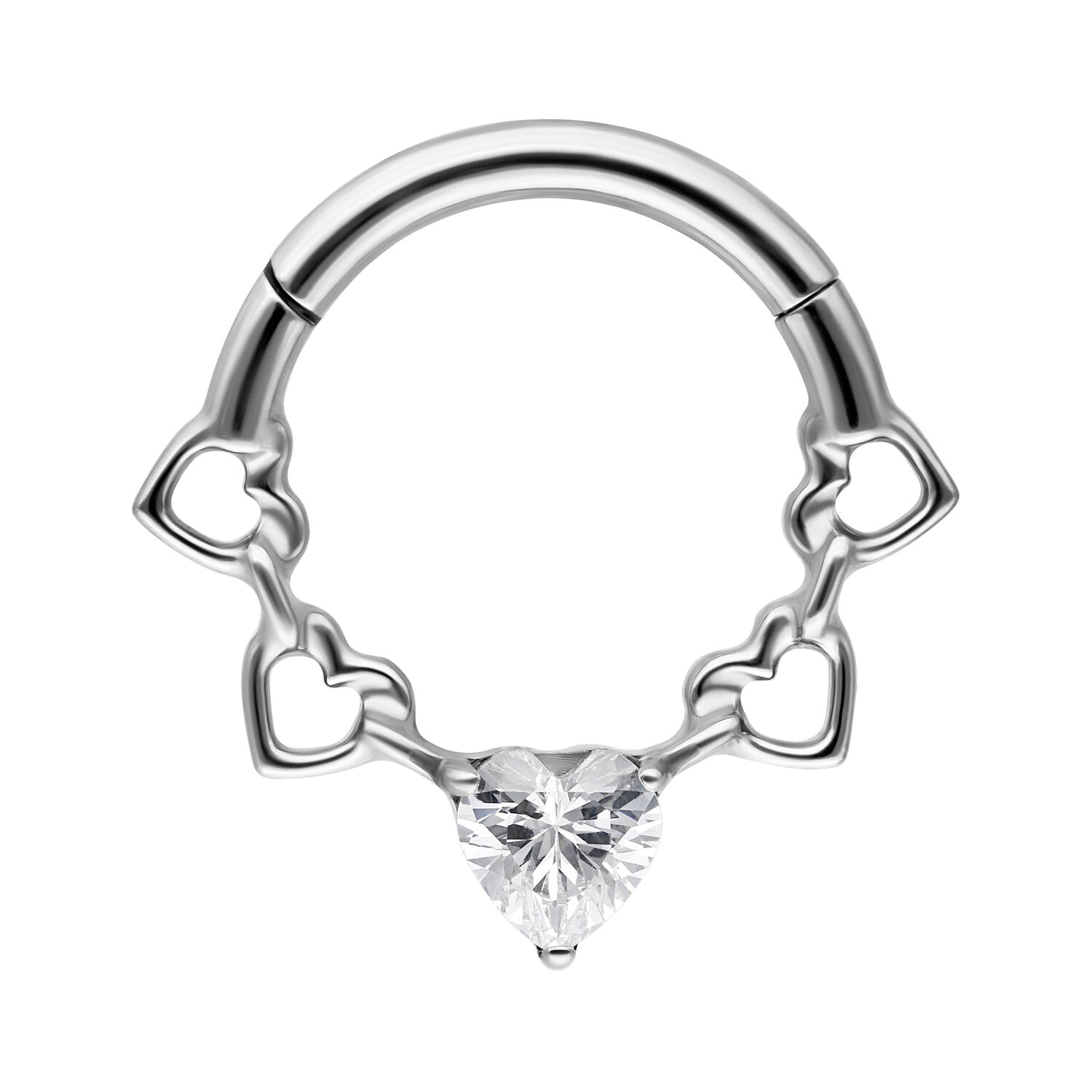 Crystal Hearts Septum Clicker in Silber Silberner Septum Clicker mit Herz- und Kristalldetails auf weißem Hintergrund