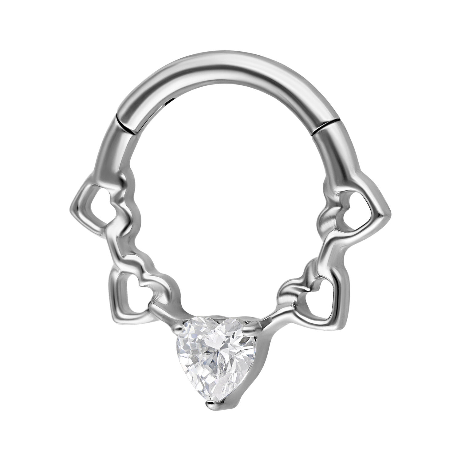 Silbernes Crystal Hearts Septum Clicker Silberner Septum Clicker mit Herzdesign und Kristall auf weißem Hintergrund