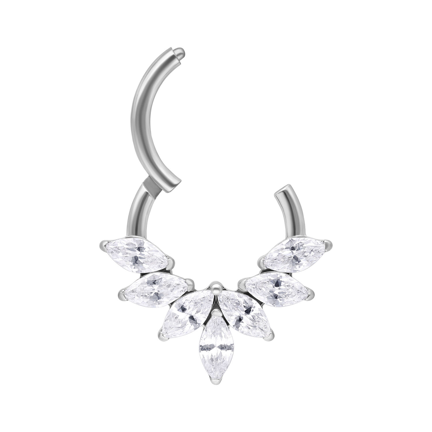 Silberner Septum Clicker mit Marquise Kristallen auf weißem Hintergrund
