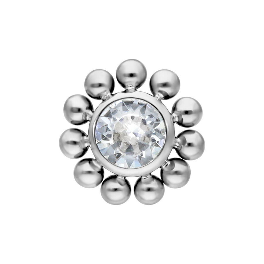 Kristallblumen-Aufsatz aus Titan für Piercings Silberner Titan-Aufsatz mit kristallklarem Stein in Blumenform auf weißem Hintergrund