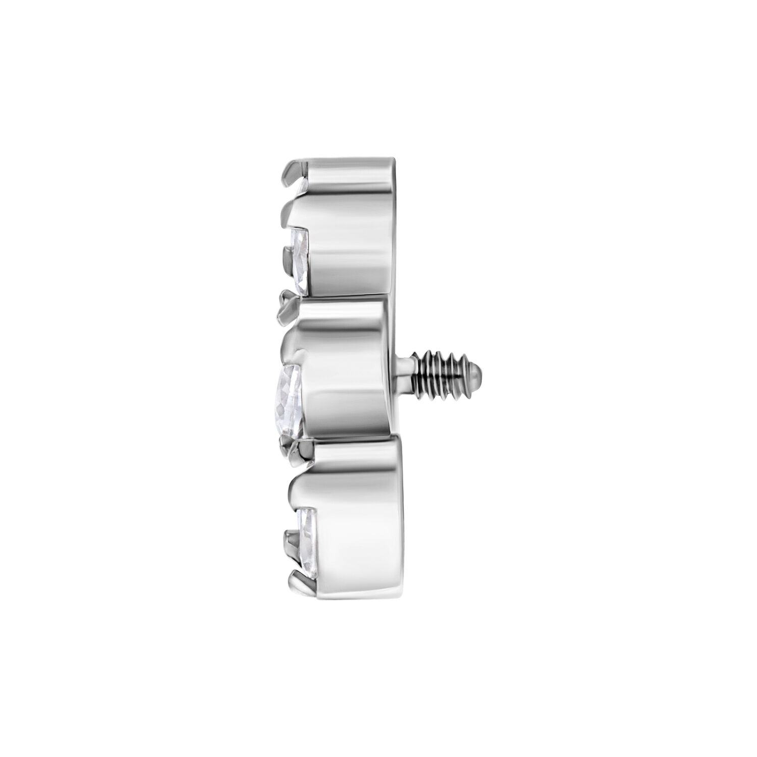 Silberner Titan Aufsatz mit Kristallen Silberner Piercing-Aufsatz mit drei klaren Kristallen, seitlich