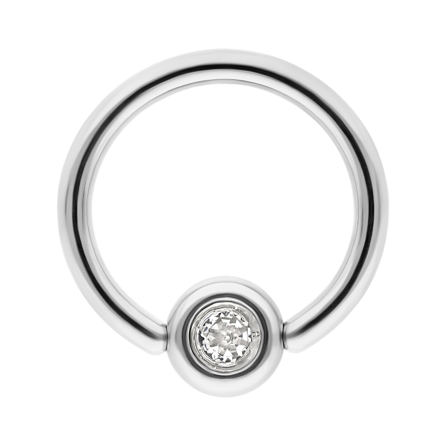 Titan Clip in Ring mit Kristall Silberner Titan Clip in Ring mit klarem Kristall auf weißem Hintergrund