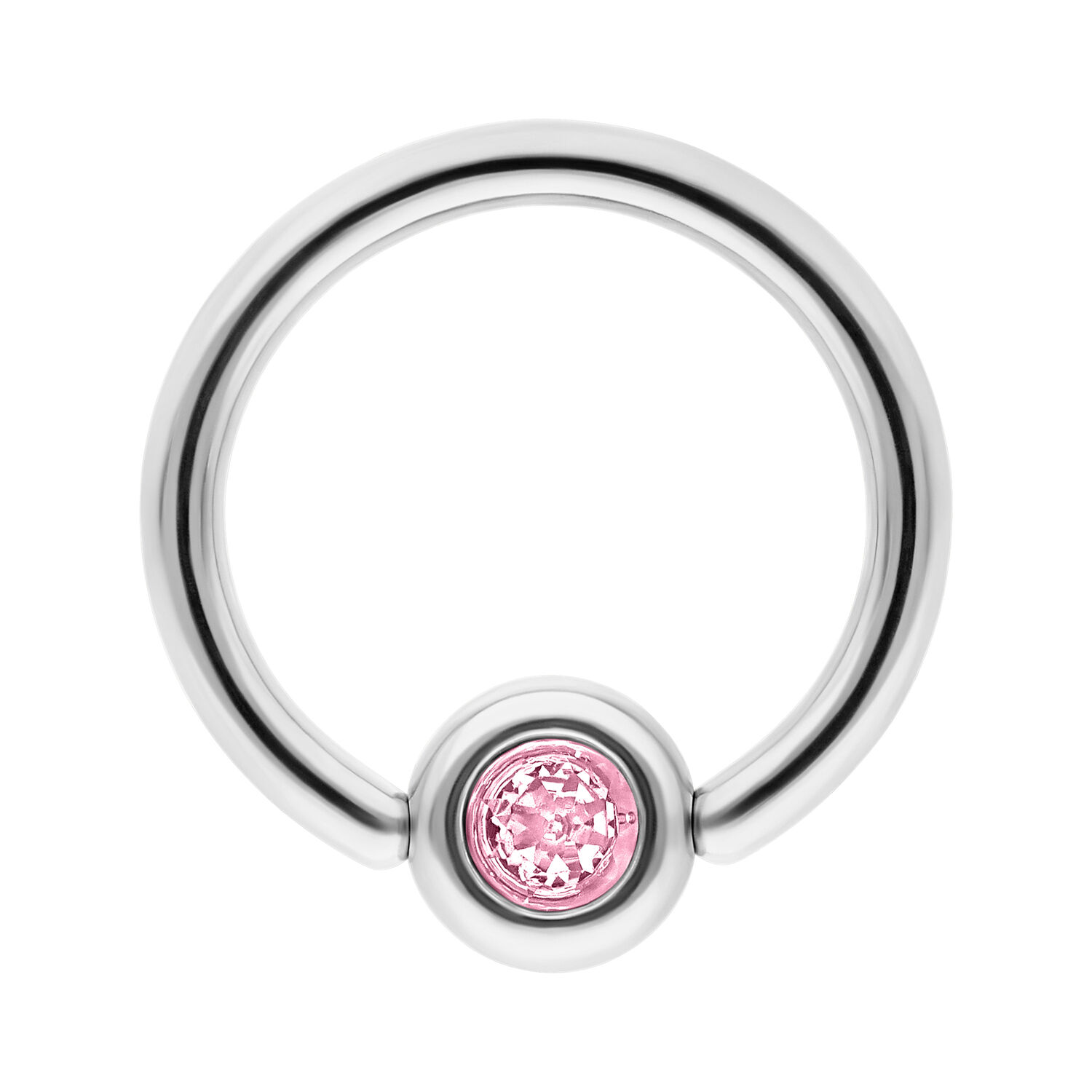 Silberner Clip in Ring mit rosa Kristall Silberner Titanring mit rosa Kristall auf weißem Hintergrund
