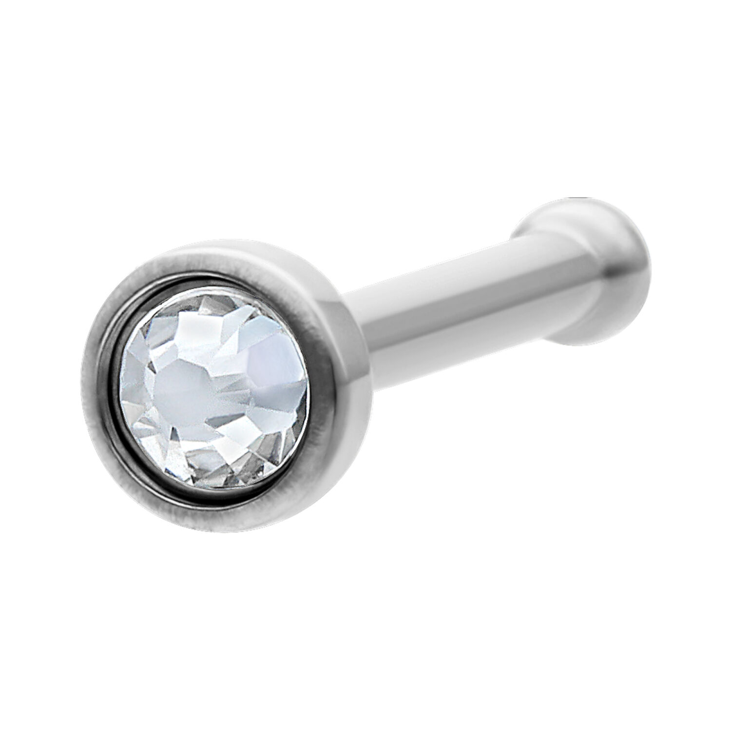 Mini Kristall Nasenstecker in Kristallklar Silberner Nasenstecker aus Titan mit kristallklarem Stein auf weißem Hintergrund