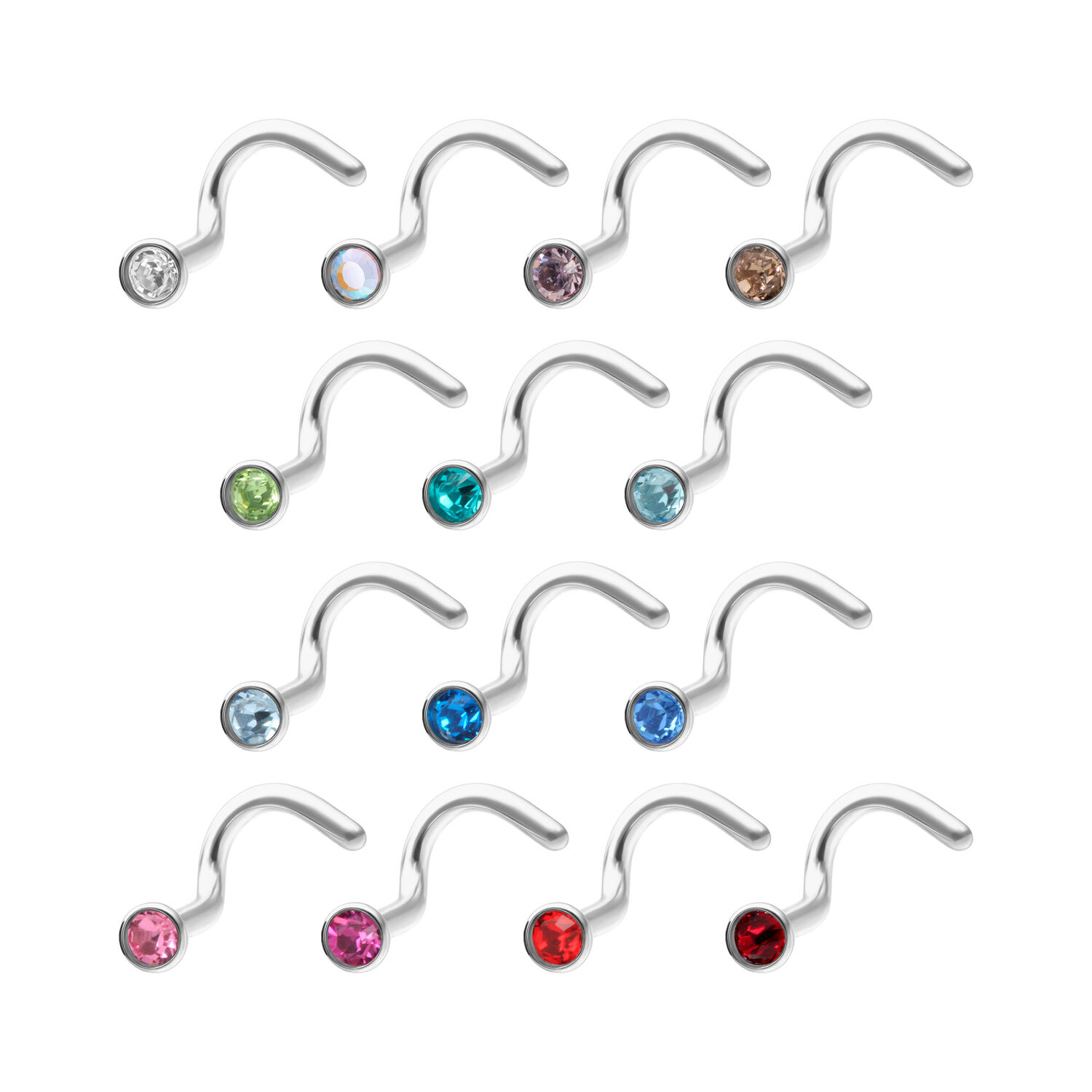 Nasenstecker aus Titan mit bunten Kristallen Verschiedene Nasenstecker aus Titan mit bunten Kristallen auf weißem Hintergrund