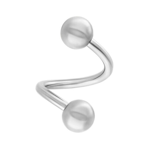 Silberne Bodyspirale aus Titan mit zwei Kugeln auf weißem Hintergrund