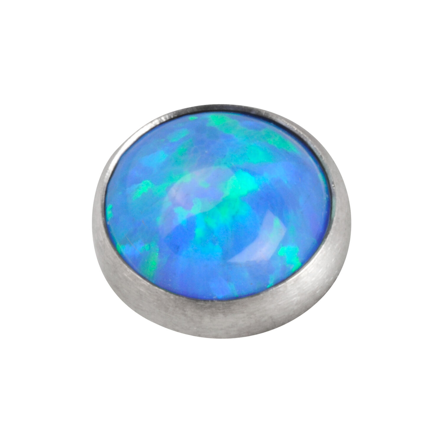 Runder synthetischer Opal in Mintgrün eingefasst in silbernem Titan, Nahaufnahme