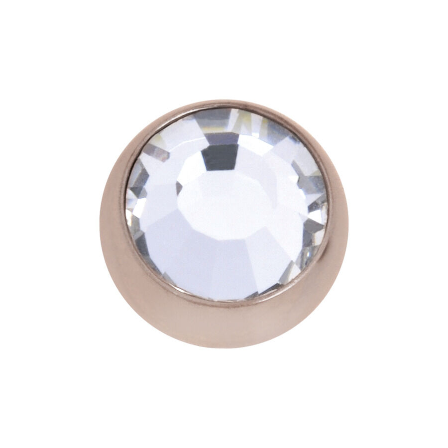 Roségoldener Piercing-Aufsatz mit Kristall Runder Piercing-Aufsatz aus roségoldenem Chirurgenstahl mit klarem Kristall auf weißem Hintergrund