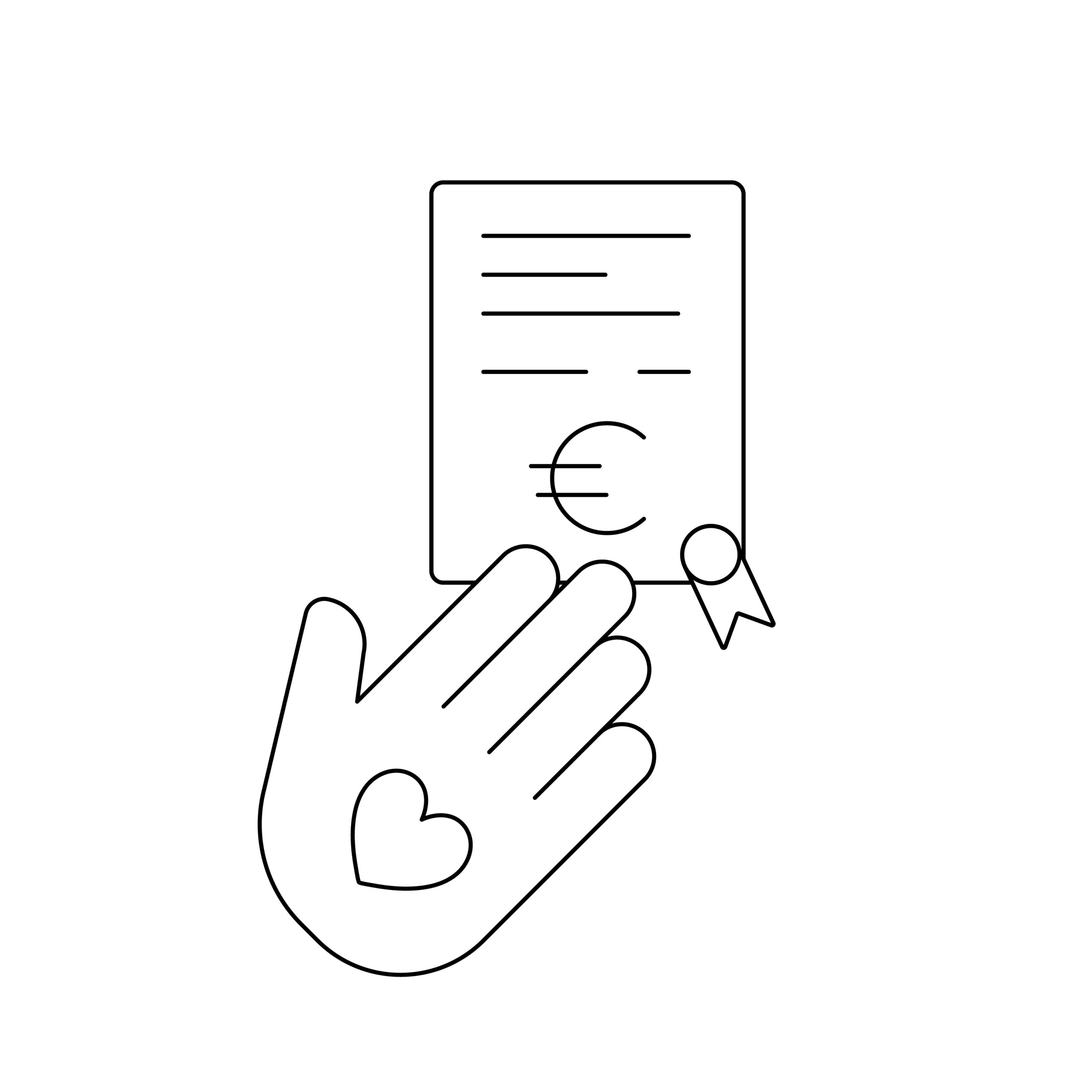 Hand mit Herzsymbol hält ein Dokument mit Euro-Zeichen und Siegel auf weißem Hintergrund