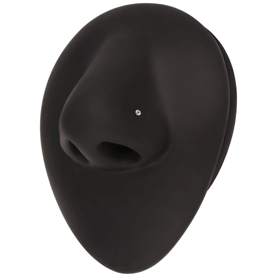 Schwarze skulpturale Form mit kleinem weißem Nasenstecker in der Mitte