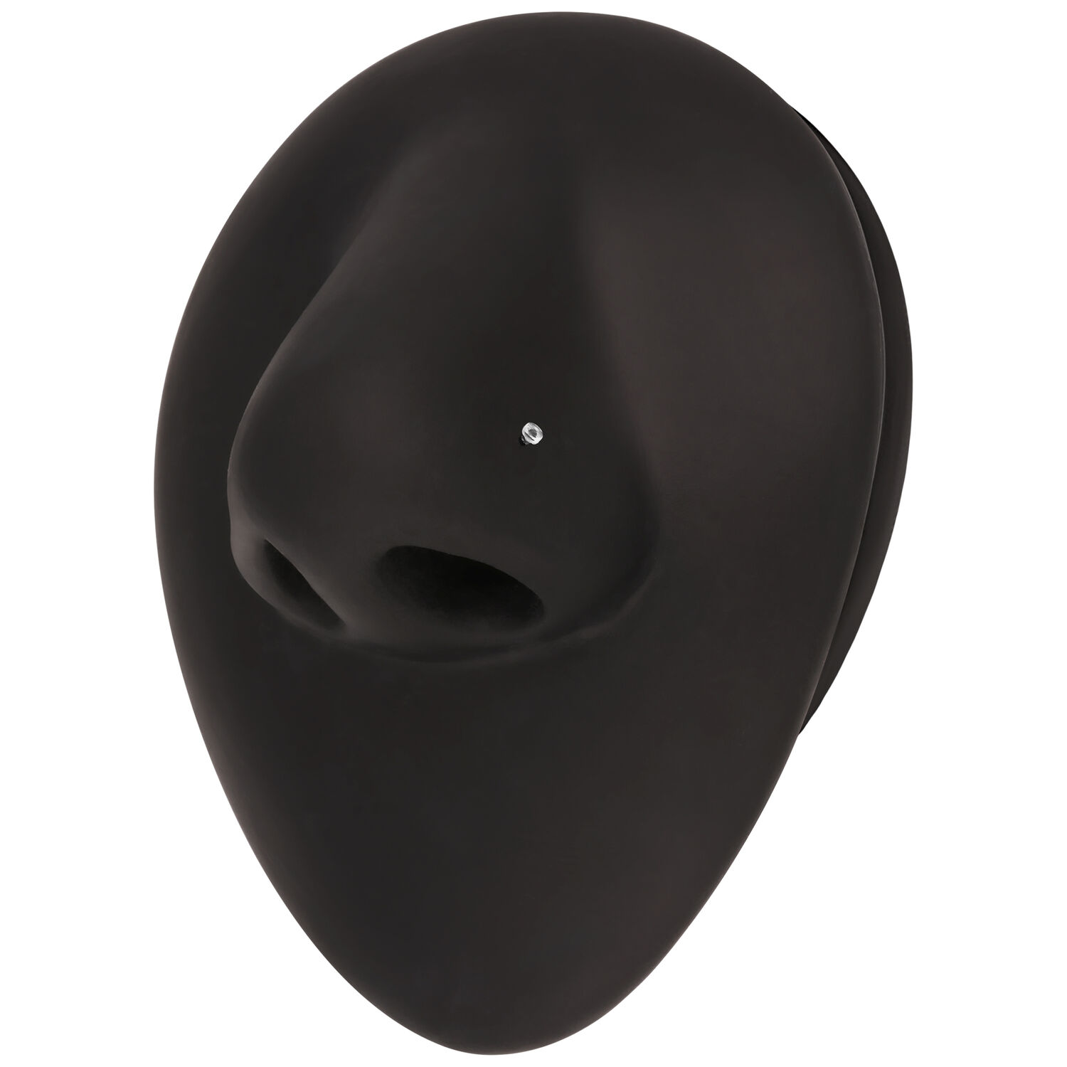 Schwarze skulpturale Form mit kleinem weißem Nasenstecker in der Mitte