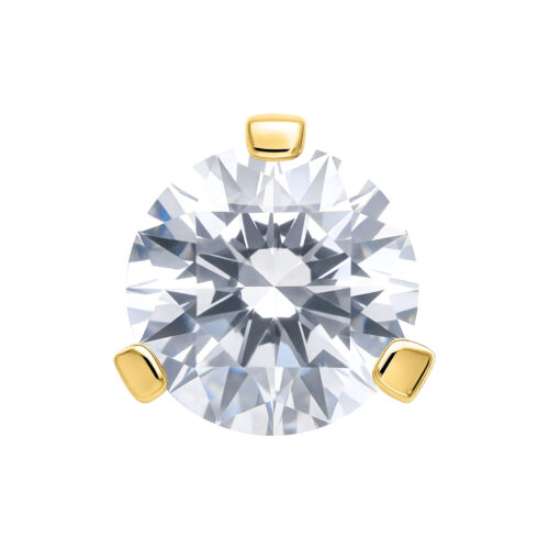 Kleines rundes Piercing mit klarem Kristall, gehalten von goldenen Krappen, auf weißem Hintergrund