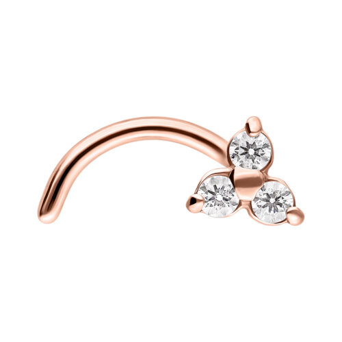 Roségoldener Nasenstecker mit drei klaren Kristallen auf weißem Hintergrund