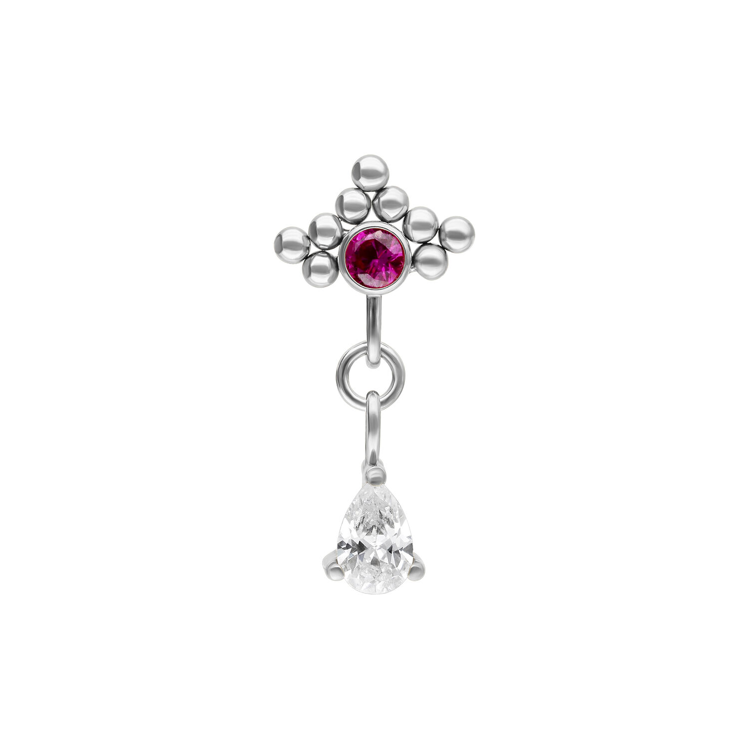Silberner Push Fit Piercing mit rotem Kristall Silberner Piercing-Aufsatz mit rotem Kristall und ovalem Anhänger auf weißem Hintergrund.