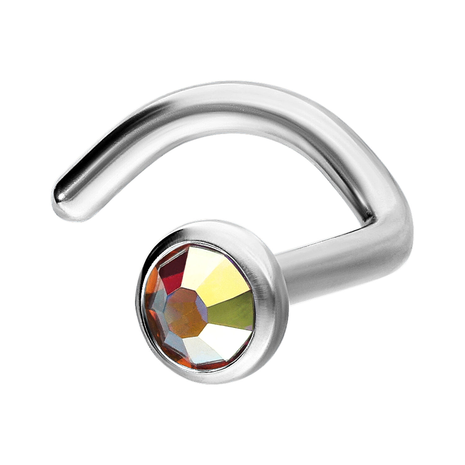 Silberner Nasenstecker mit Aurora Boreale Kristall Silberner Nasenstecker mit facettiertem Aurora Boreale Kristall auf weißem Hintergrund