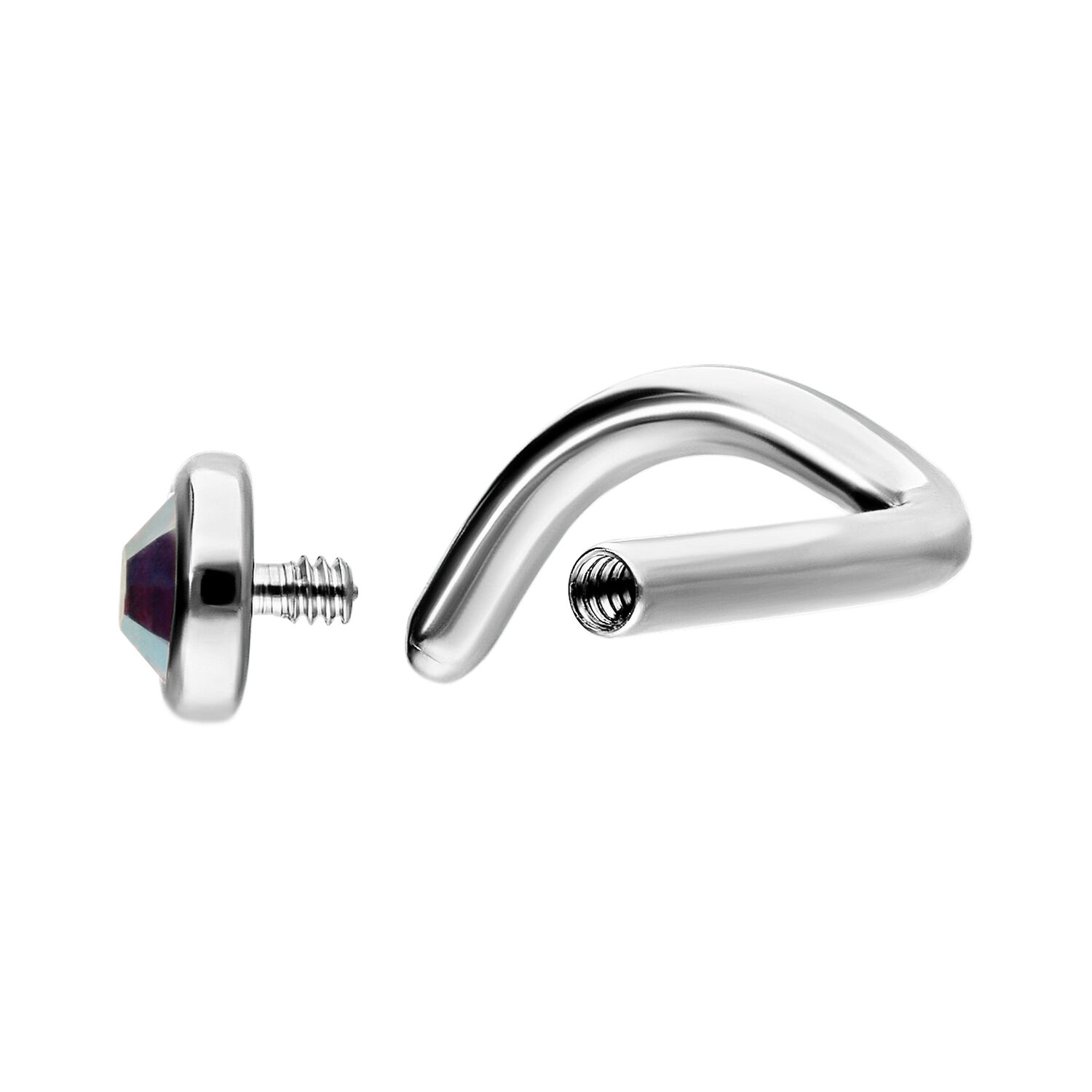 Silberner Nasenstecker mit Aurora Boreale Kristall Silberner Nasenstecker aus Titan mit Aurora Boreale Kristall, zeigt Gewinde und gebogene Form.
