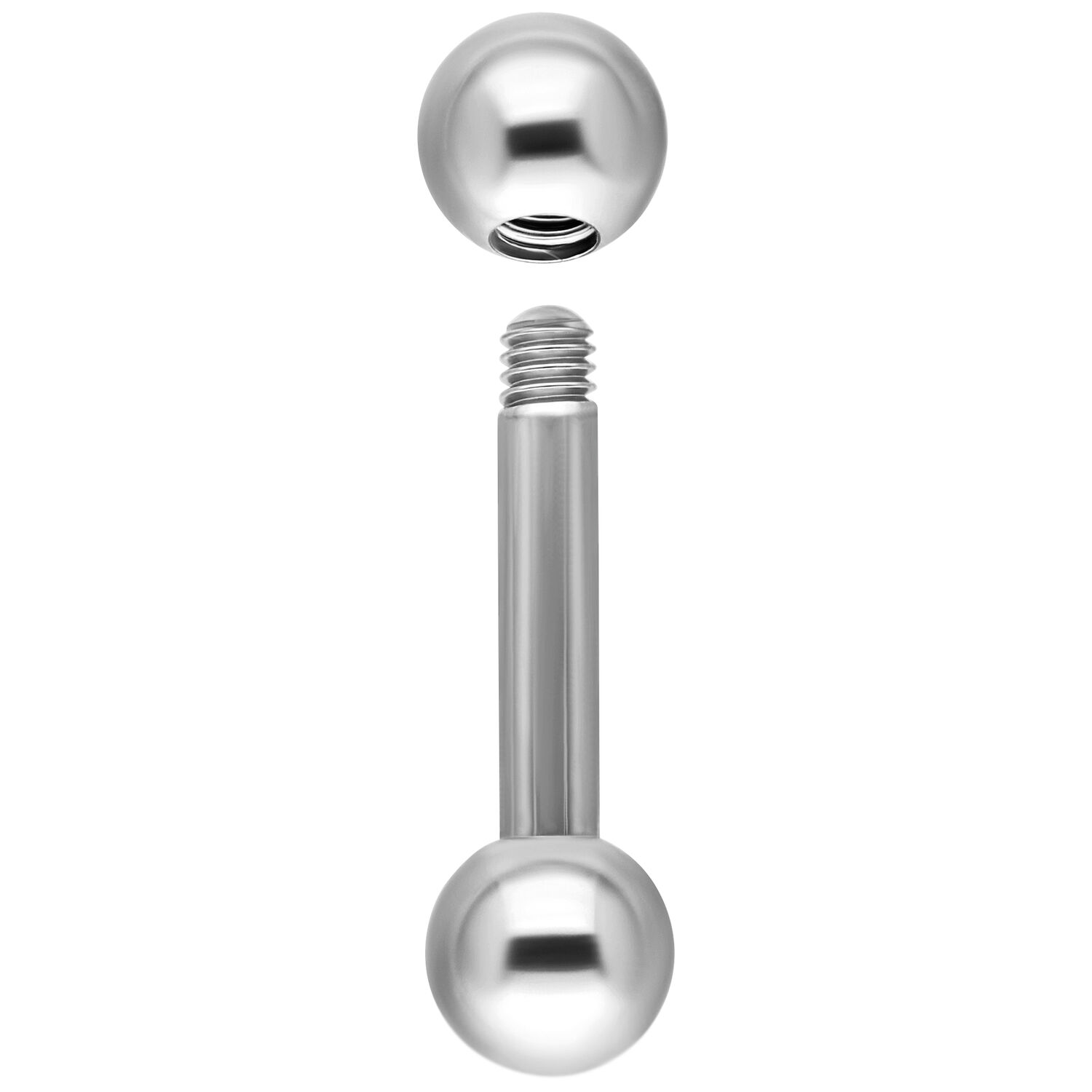 Silbernes Titan Barbell 1,6 mm x 20 mm Silbernes Titan Barbell mit Außengewinde, Kugeln oben und unten, auf weißem Hintergrund.