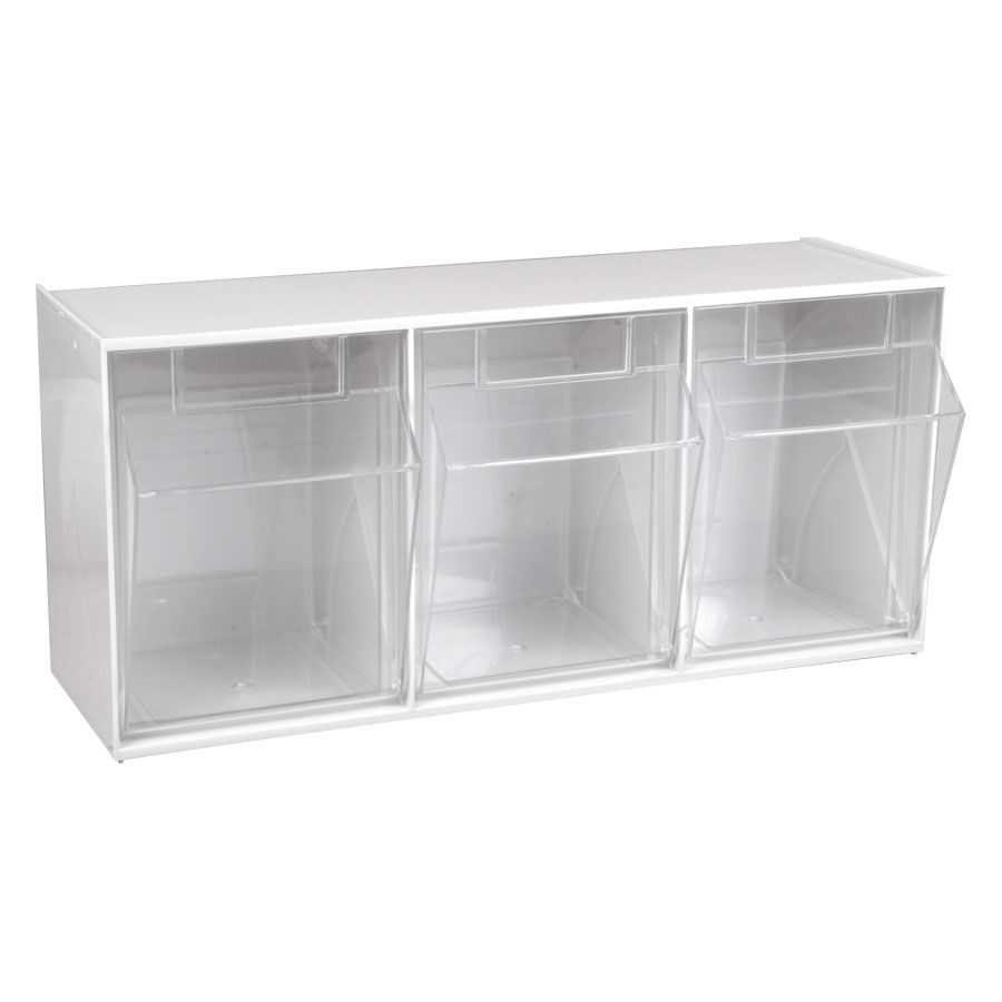 Weißes Stala Set 3-teilig für Displays Weißes dreiteiliges Regalset für Displays mit transparenten Fächern auf weißem Hintergrund