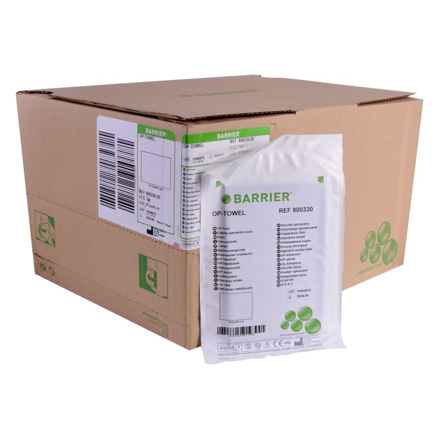 Barrier OP Tuch Box mit Verpackungseinheit Braune Kartonbox mit Barrier OP Tuch Packung davor auf weißem Hintergrund