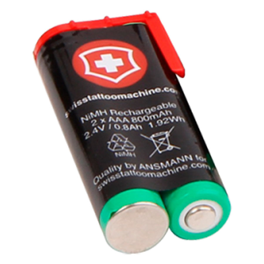 Unchained Battery für Swisstattoomachine Schwarze Batterie mit rotem und grünem Ende auf weißem Hintergrund
