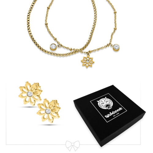 Goldenes Armband und Ohrstecker mit Blumenanhänger, schwarze Geschenkbox
