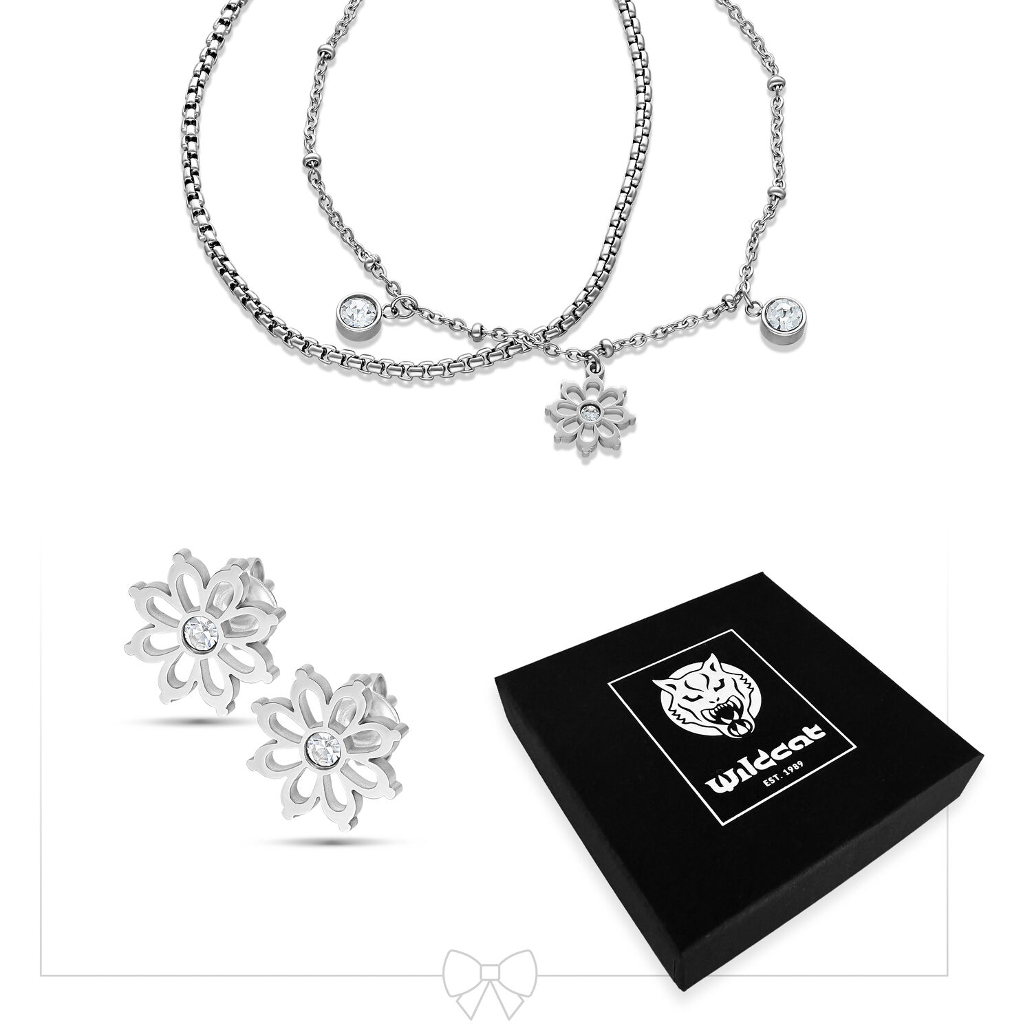Silbernes Floralis Schmuckset mit Ohrsteckern Silberne Floralis Halskette und Ohrstecker vor schwarzer Wildcat-Box