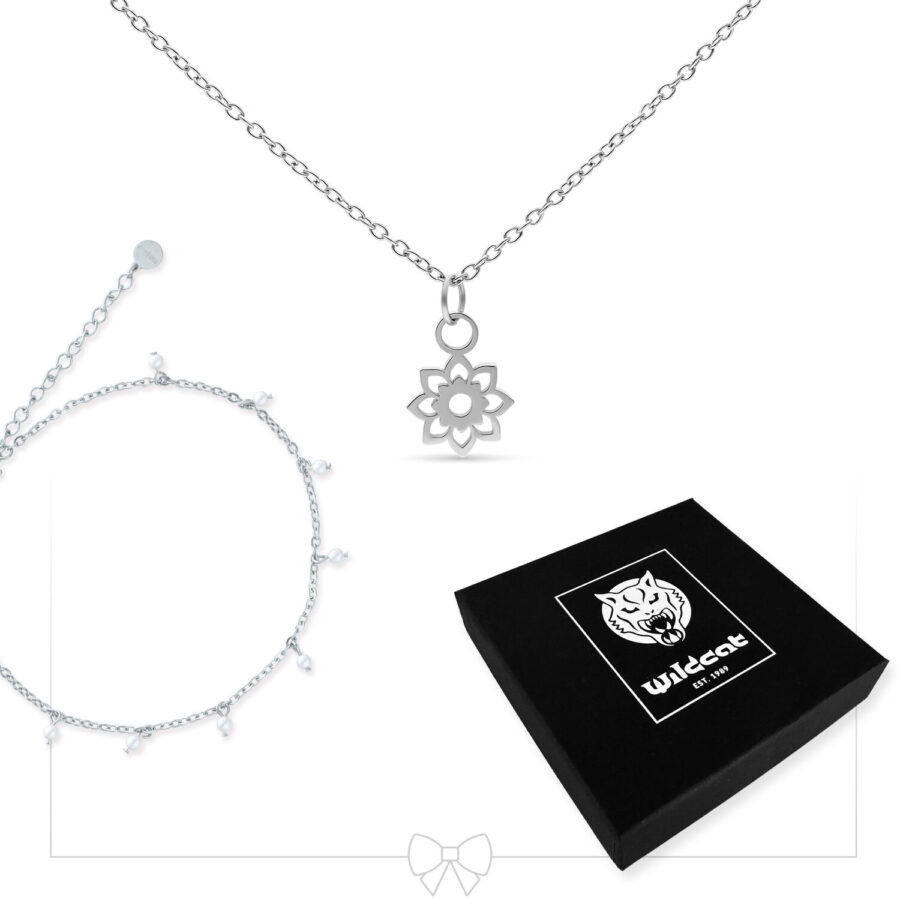 Silberne Halskette mit Blumenanhänger und Perlenarmband, schwarze Box