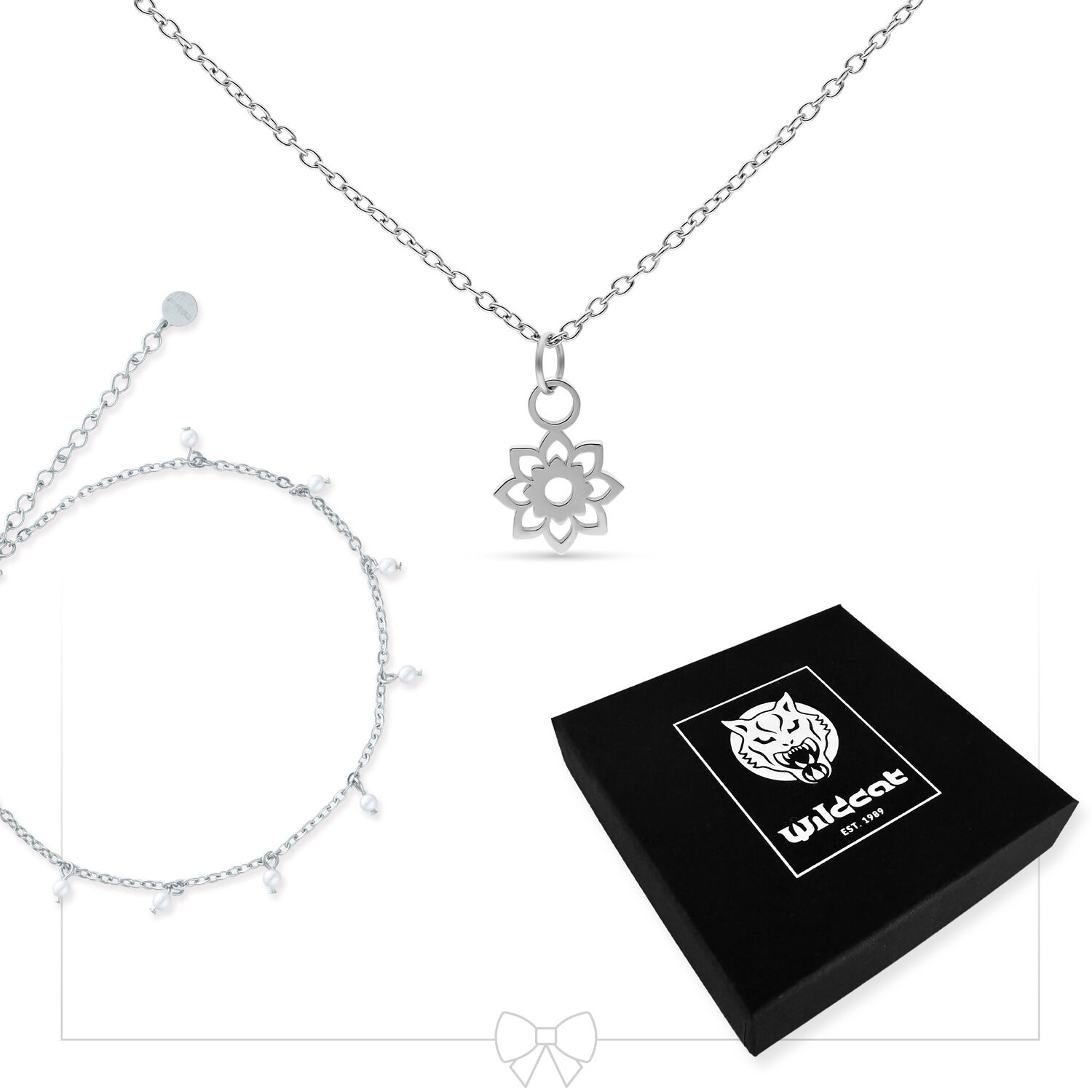 Silber Schmuckset mit Perlenarmband Silberne Halskette mit Blumenanhänger und Perlenarmband, schwarze Box